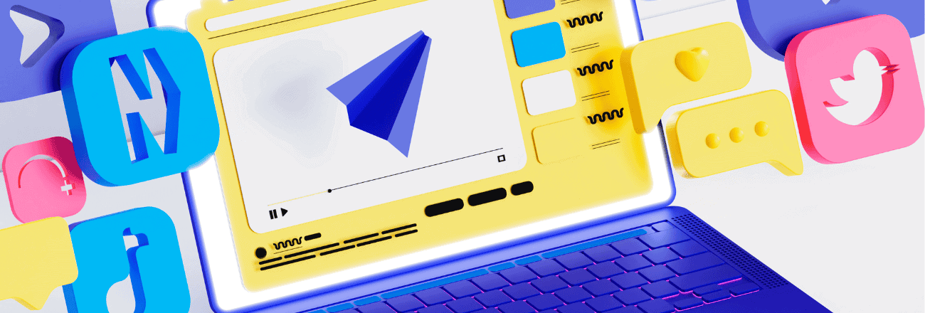 Illustration of a laptop screen displaying digital content creation tools, surrounded by social media and communication icons.
