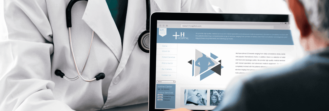 Doctor showcasing clinic website to a client