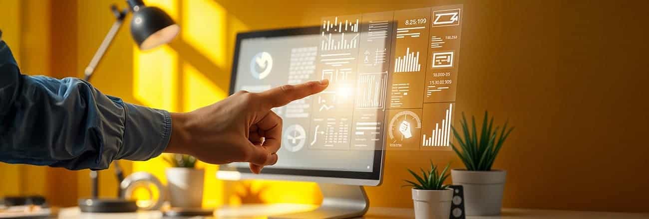 Hand pointing at a desktop monitor showing charts and data visualizations